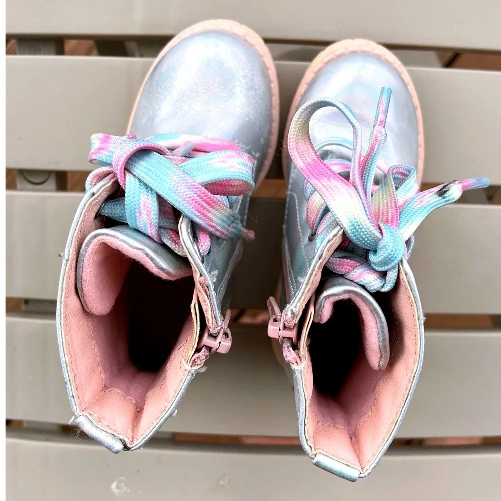 Jelly pop Girls Boots Size 6M‎ Toddler Iridescent Rainbow Lace Up Zipper Ankle